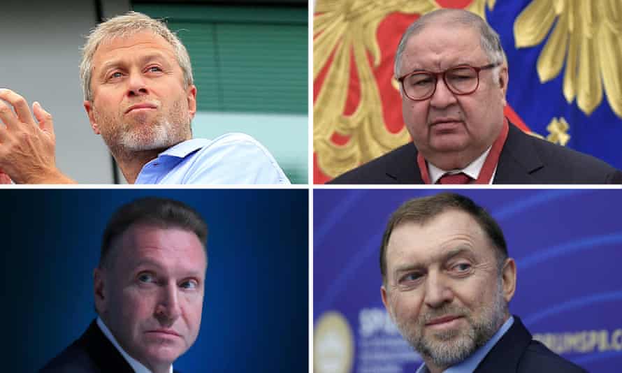 En el sentido de las agujas del reloj, desde la izquierda: los empresarios Roman Abramovich, Alisher Usmanov, Oleg Deripaska e Igor Shuvalov aparecen en el Rastreador de activos de Rusia.