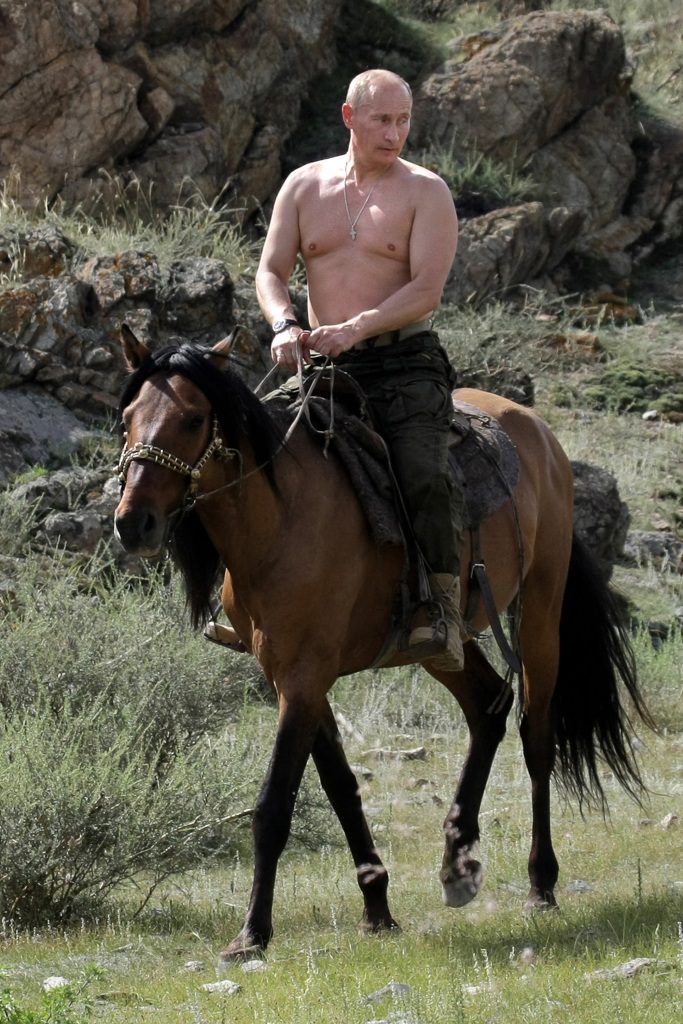 El presidente ruso, Vladimir Putin, monta un caballo sin camisa.