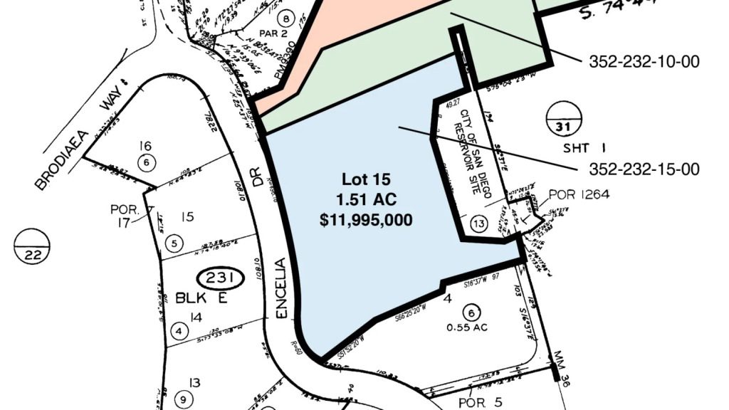 Un mapa muestra tres terrenos en venta, que formaban parte de la casa de cuatro acres del Dr. Seuss en Mount Soledad.