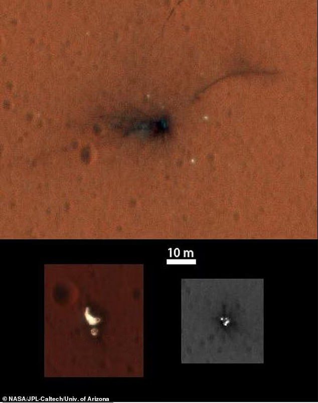 Hay un total de nueve naves espaciales inactivas sentadas en la superficie de Marte, incluida la sonda Mars 3, la sonda Mars 6, el módulo de aterrizaje Viking 1, la sonda Viking 2, el rover Sojourner, la sonda Schiaparelli de la Agencia Espacial Europea (en la foto), la sonda Phoenix, Spirit.  Oportunidad Rover y Rover