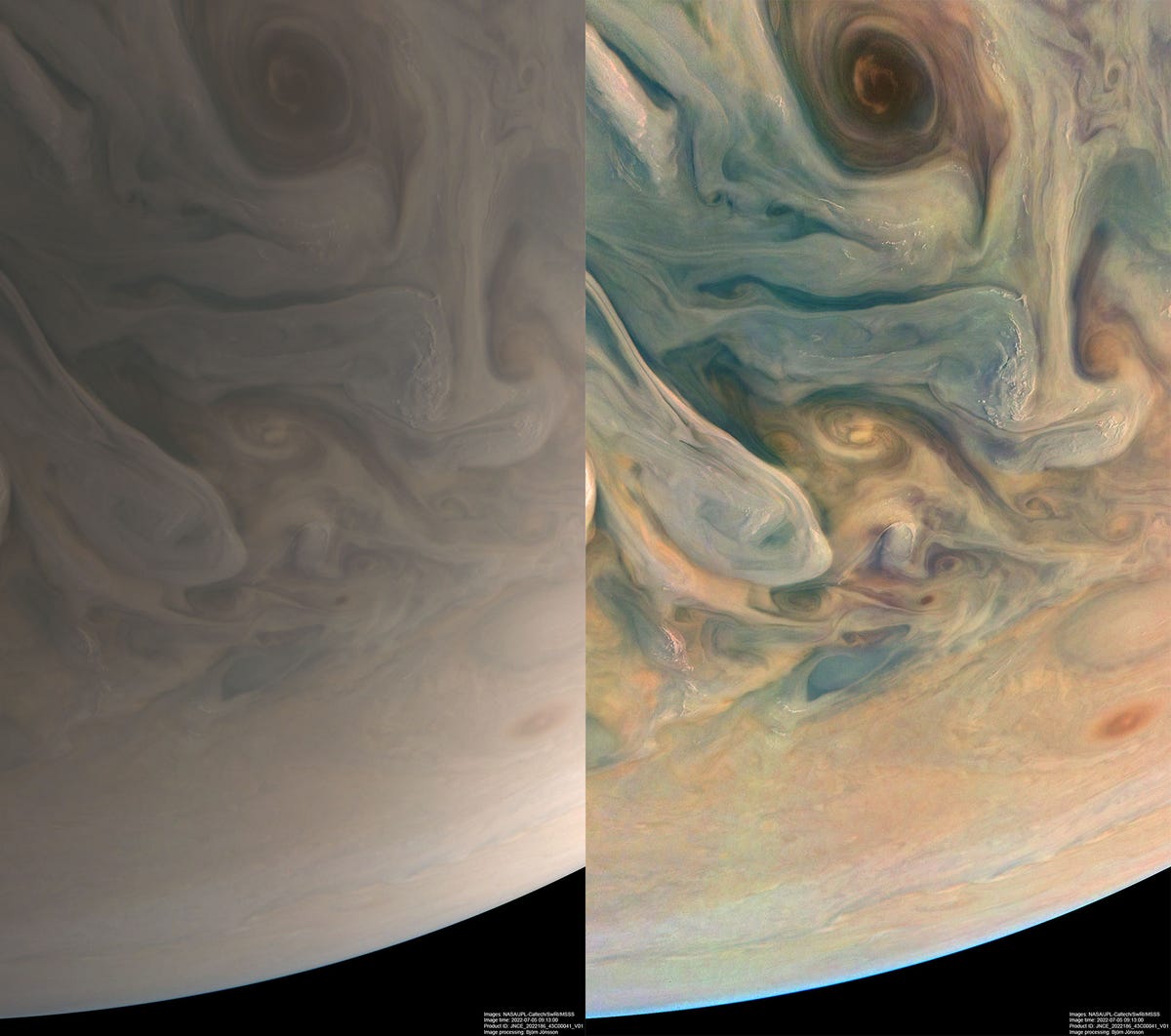 A la izquierda hay una versión beige suave de Júpiter.  A la derecha está la misma imagen, excepto por los tonos de azul, naranja y amarillo.