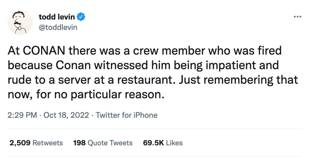 Un tweet de un ex empleado de Conan que fue contratado de 2010 a 2020.