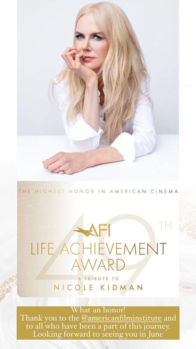 Esto ocurre después de que se reveló que Nicole recibirá un premio Life Achievement Award del American Film Institute el próximo año.