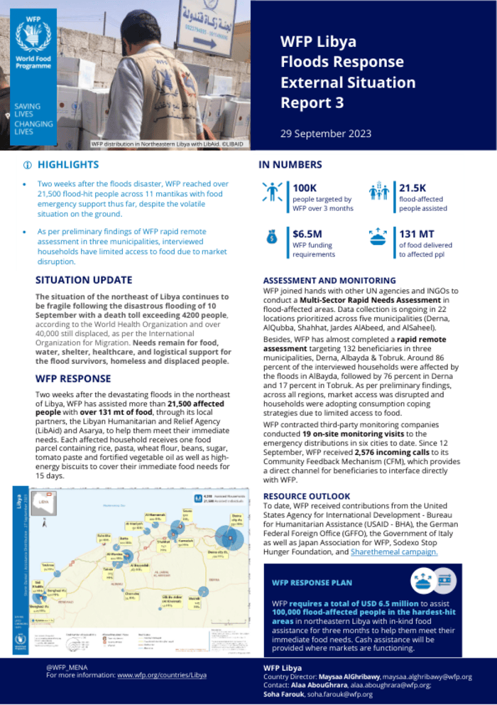 Informe de situación externa sobre la respuesta del PMA a las inundaciones en Libia 3, 29 de septiembre de 2023 - Libia