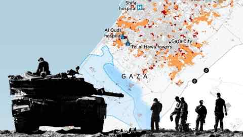Un montaje de un mapa de Gaza y una foto de los tanques israelíes en la frontera